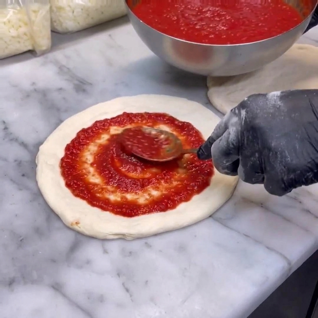 Ein Löffel leuchtend rote Tomatensauce wird gleichmäßig auf einem runden Pizzateig verteilt.