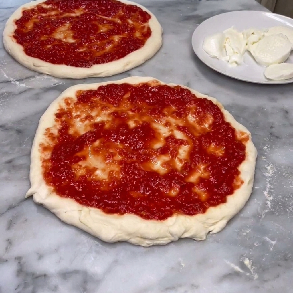 Fein geriebener Parmigiano wird über die belegten Pizzen gestreut.