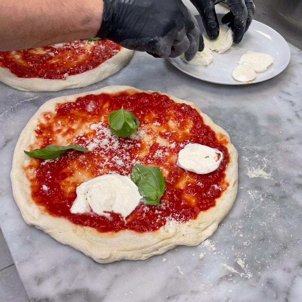 Scheiben von weißem Büffelmozzarella werden auf einem Pizzateig platziert.