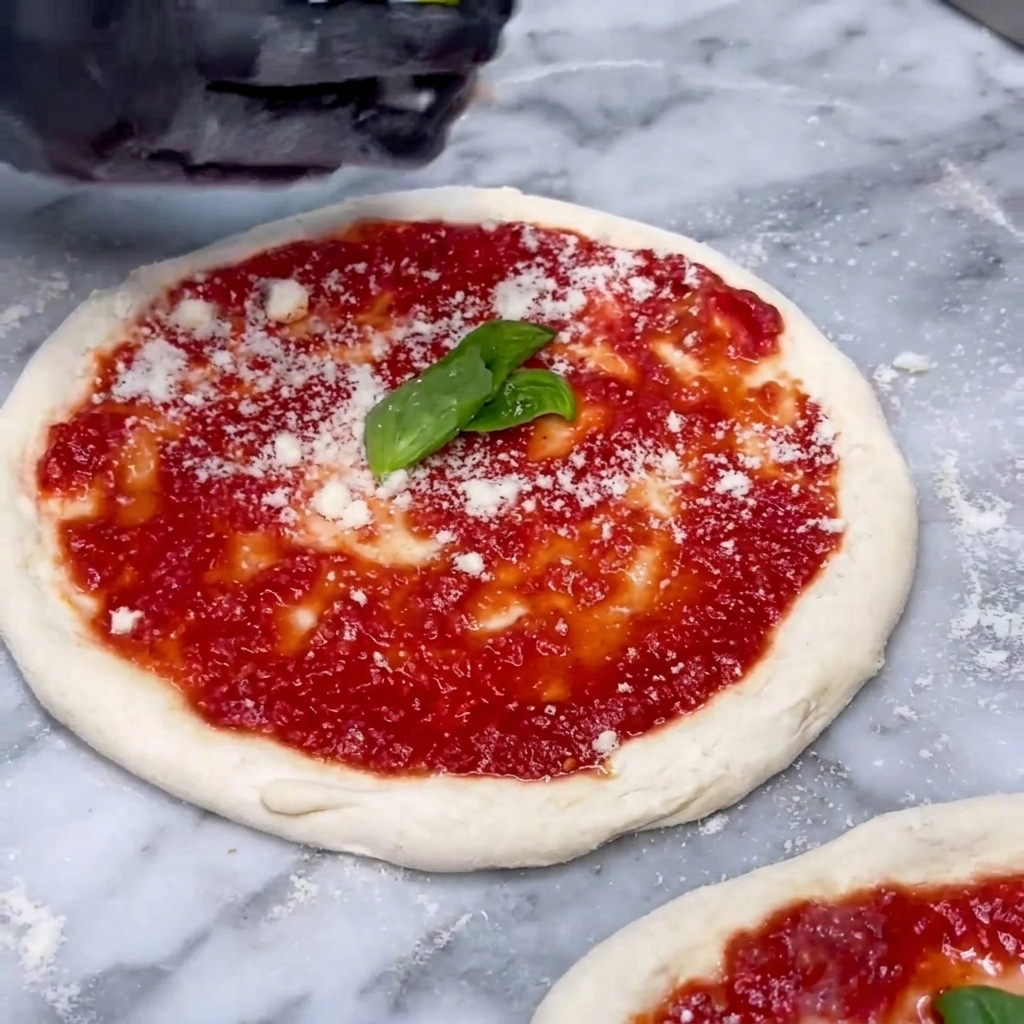 Stücke von Fior di Latte Mozzarella werden auf der zweiten Pizza platziert.