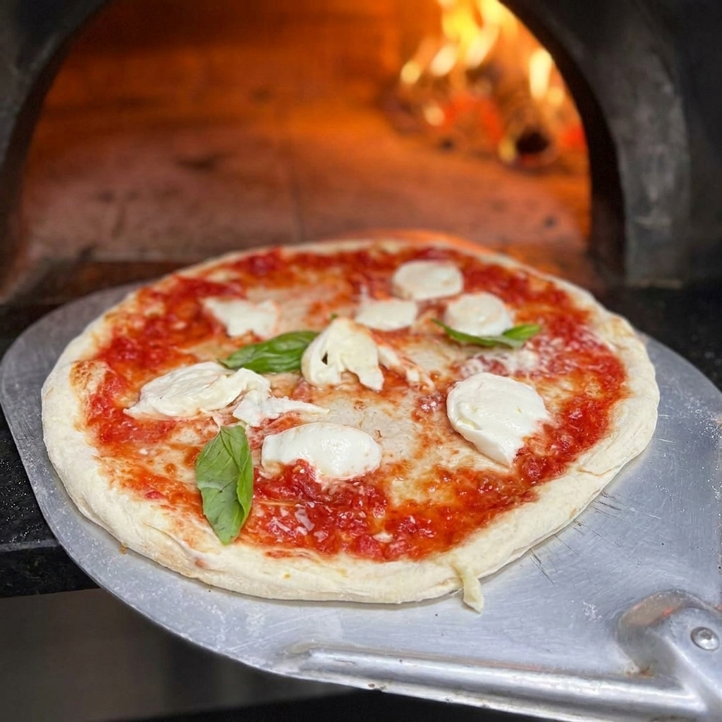 Eine Pizza wird mit einem Pizzaschieber in den heißen Ofen befördert.