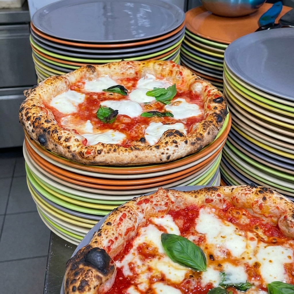Frisches Basilikum wird über die heißen Pizzen gestreut.