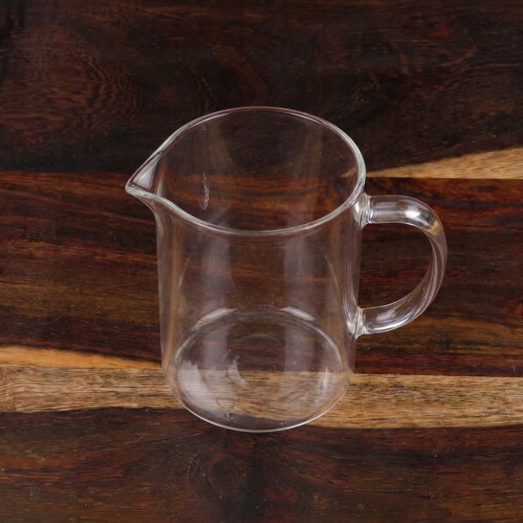 Ein Messbecher aus Glas wird verwendet, um Flüssigkeit in eine Schüssel für den Teig zu gießen.