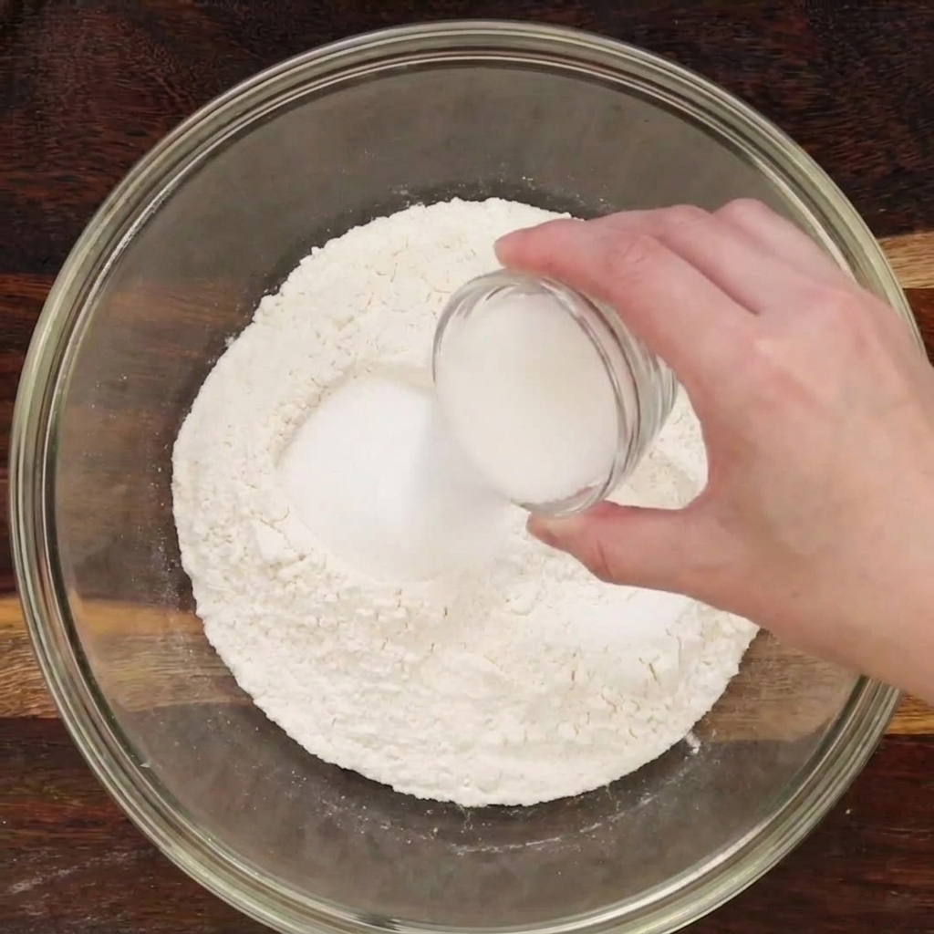 Eine Hand schüttet Zucker in eine große Glasschüssel mit Brotmehl und Salz.