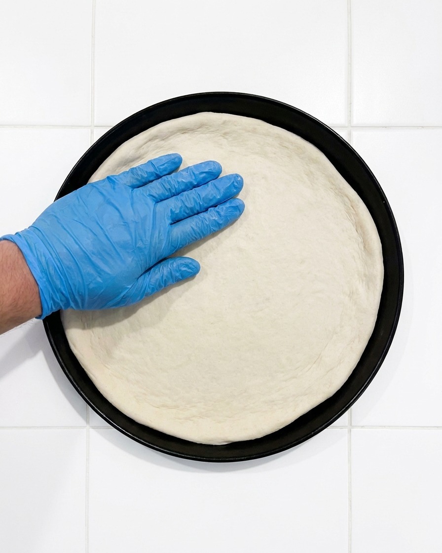 Pizzateig wird auf ein schwarzes rundes Pizzablech gelegt.