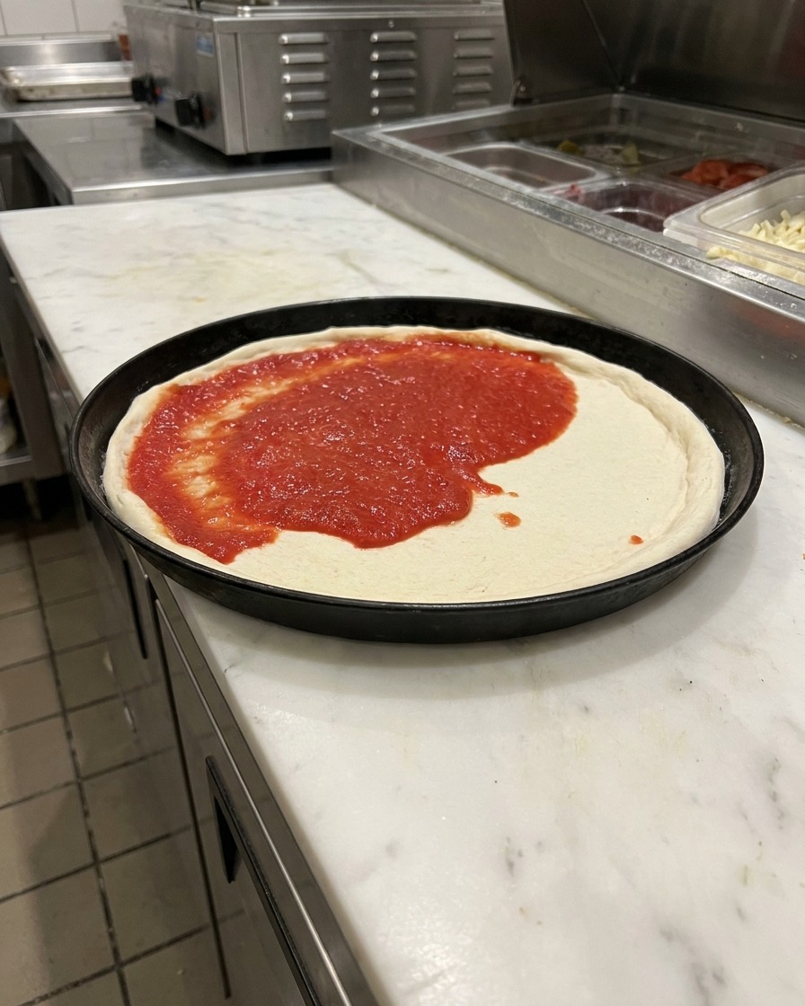 Ein Löffel rote Tomatensauce wird auf dem Pizzateig verteilt.
