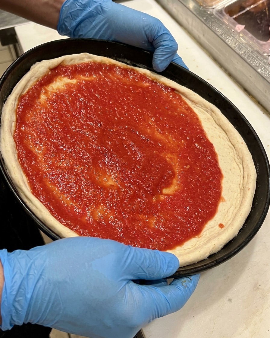 Ganze schwarze Oliven werden über die mit Sauce bestrichene Pizza verteilt.