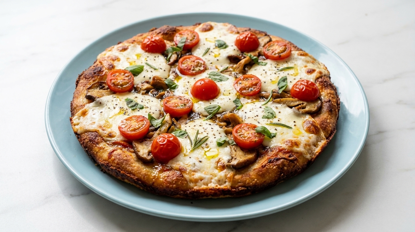 Eine frisch zubereitete Pfannenpizza mit geschmolzenem Büffelmozzarella, Kirschtomaten und aromatischen Pilzen auf einem hellblauen Teller.