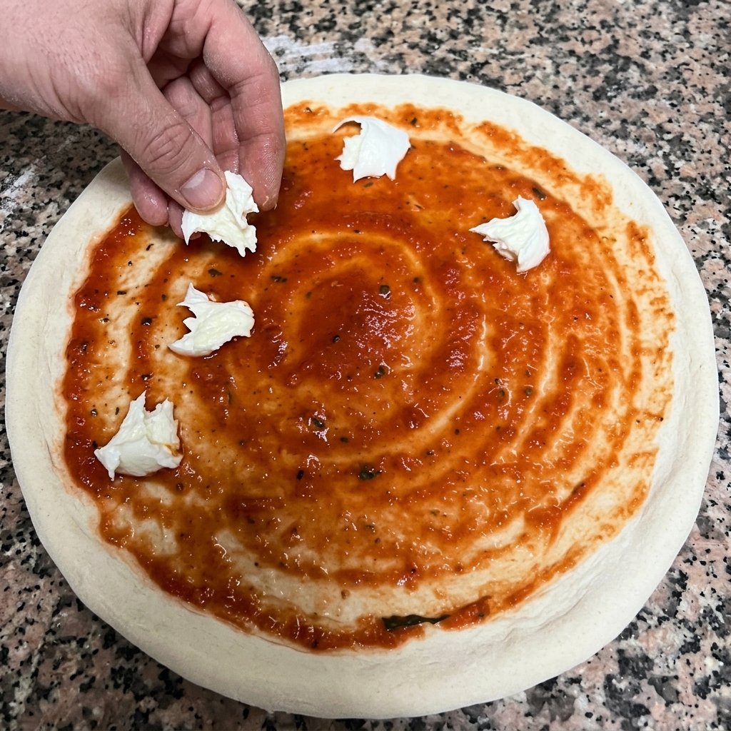 Hand platziert mundgerechte Stücke des frischen weißen Büffelmozzarellas auf dem Tomatensaucenboden.