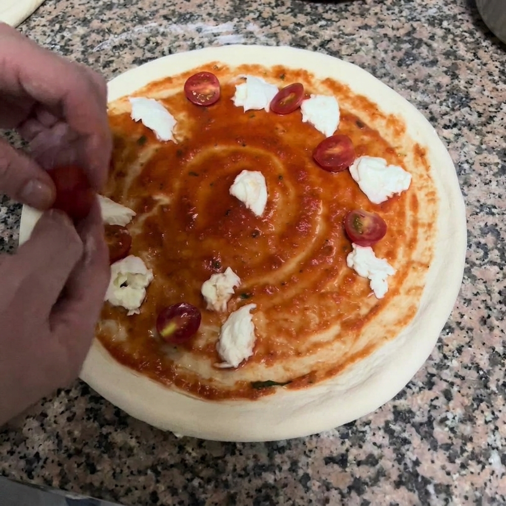 Hände legen halbierte Kirschtomaten auf die belegte Pizza.