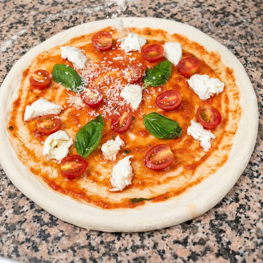 Geriebener Parmesan fällt über eine fertig belegte Pizza mit Mozzarella, Tomaten und frischem Basilikum.