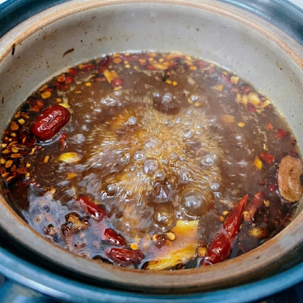 Eine dunkle, köchelnde Brühe in einem Topf mit verschiedenen Gewürzen und Aromen, die für die nächste Phase vorbereitet wird.
