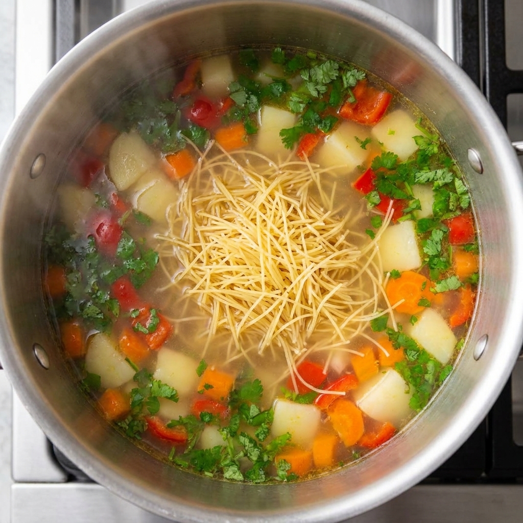 Ramen-Nudeln kochen in einem Topf mit gehacktem Gemüse und Brühe.