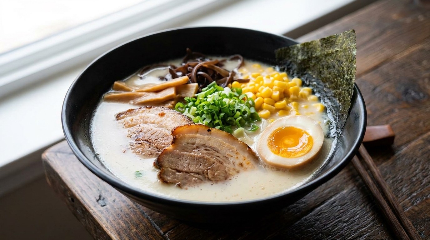 Authentische Tonkotsu Ramen mit reichhaltiger Schweineknochenbrühe