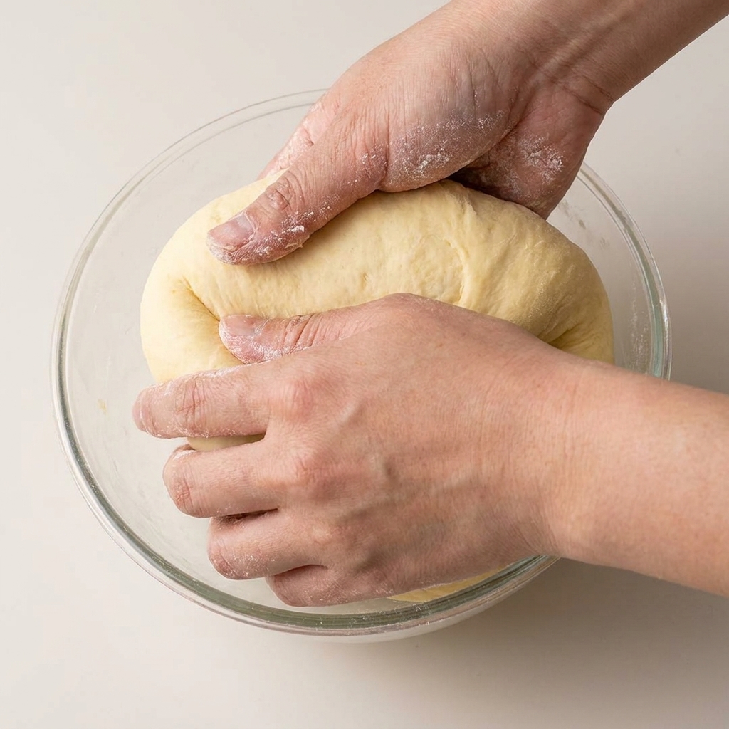 Die glatte, runde Teigkugel ruht auf einer bemehlten Oberfläche.