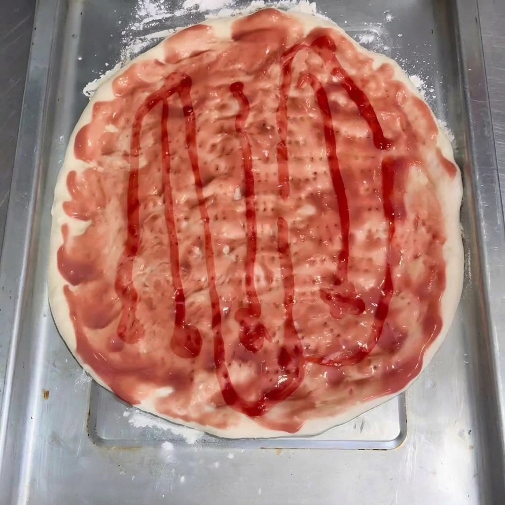 Tomatensoße wird auf dem Teig verteilt, bereit für die Beläge.