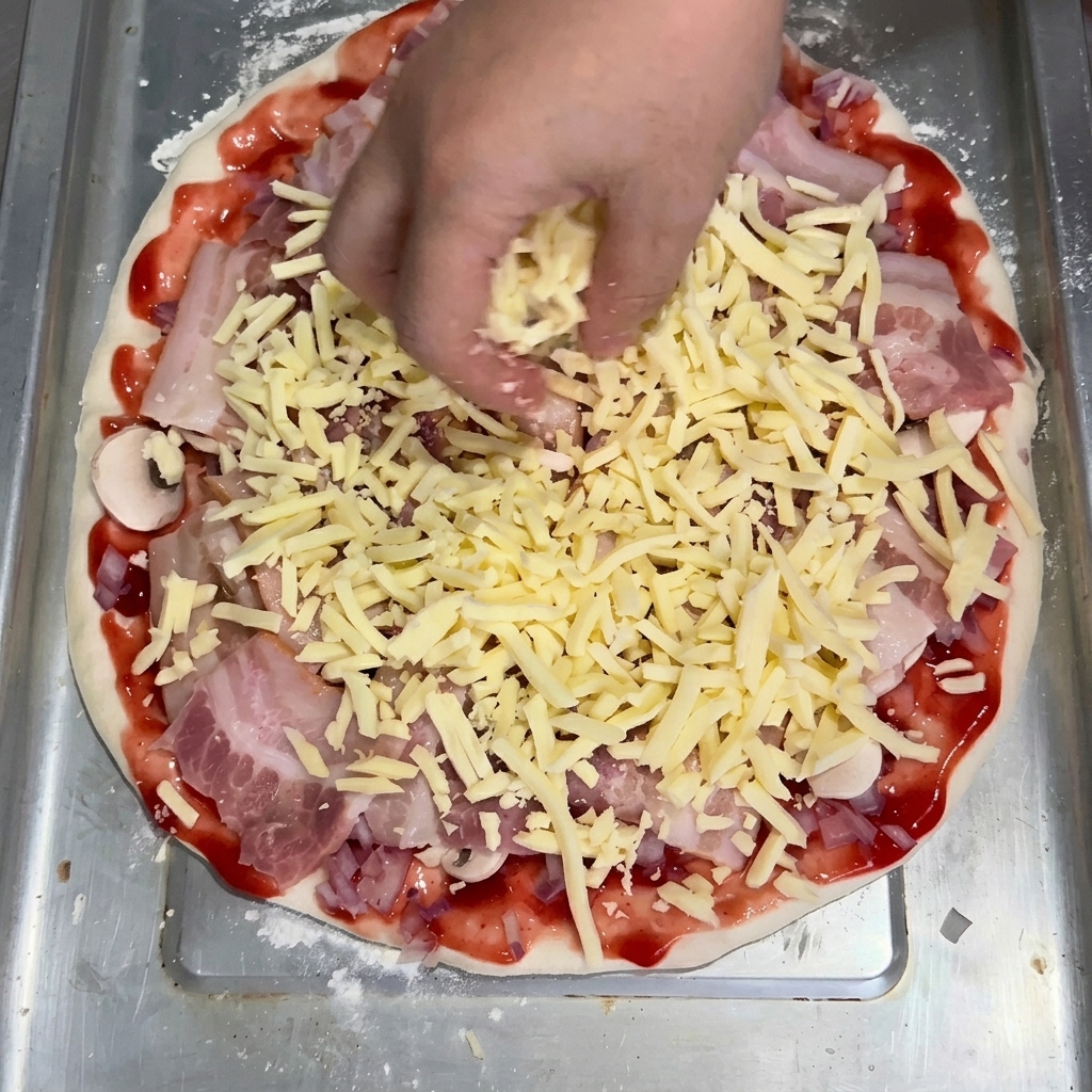 Eine Hand streut geriebenen Mozzarella über die Pizza.