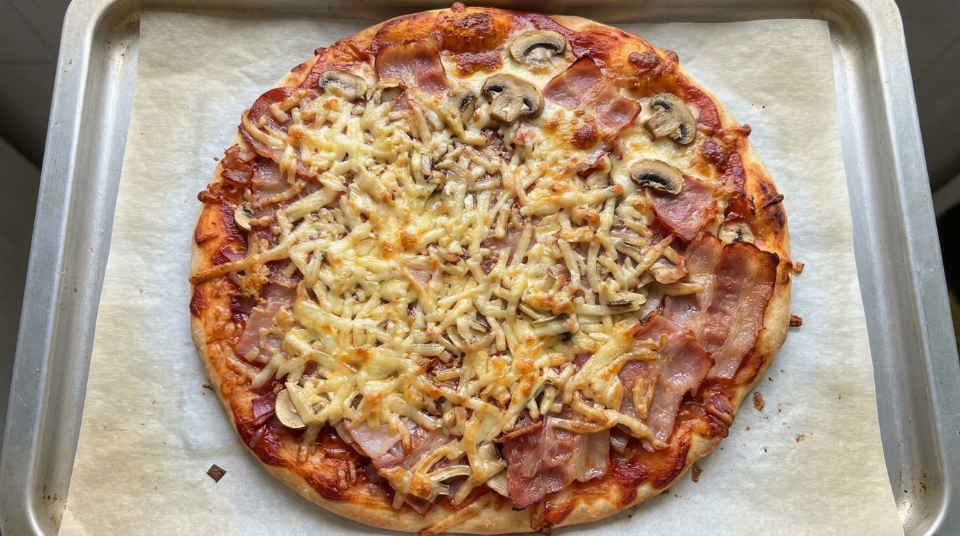 Hausgemachte Speck-Pilz-Pizza