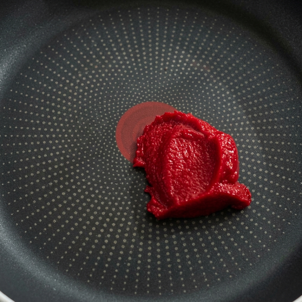 Tomatenmark und Ketchup werden in einer Pfanne zu einer gleichmäßigen roten Sauce verrührt.