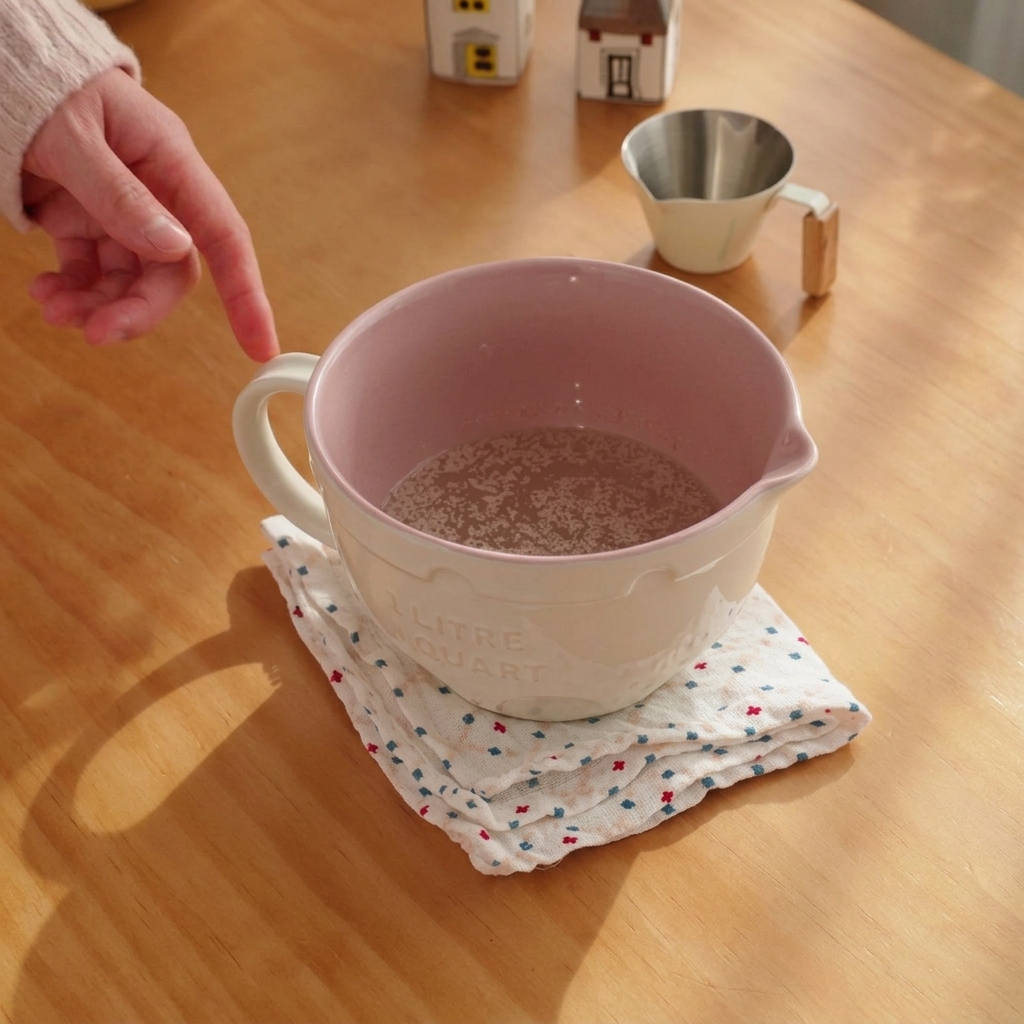 Hefe und Zucker werden in einer rosafarbenen Schüssel mit warmem Wasser verrührt.
