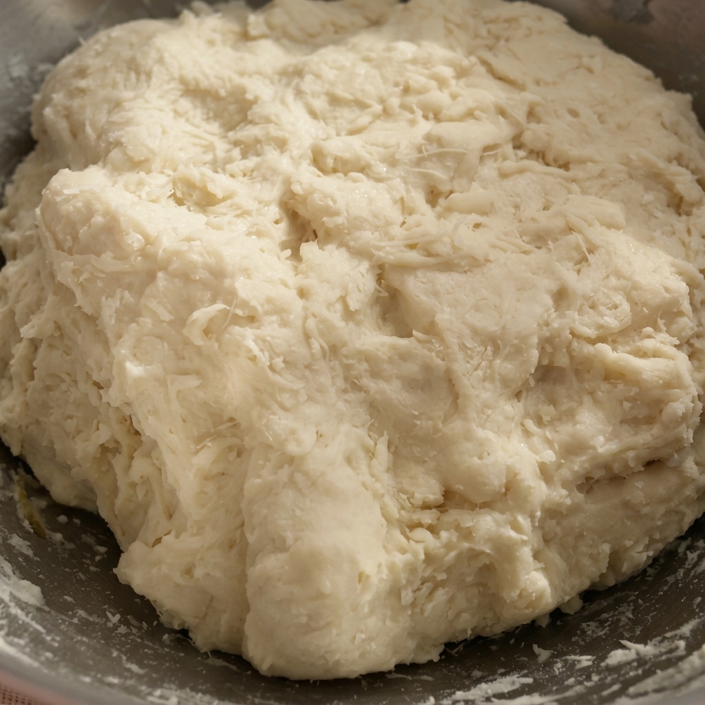 Goldene geschmolzene Butter wird zu dem zotteligen Teig in die Schüssel gegossen.