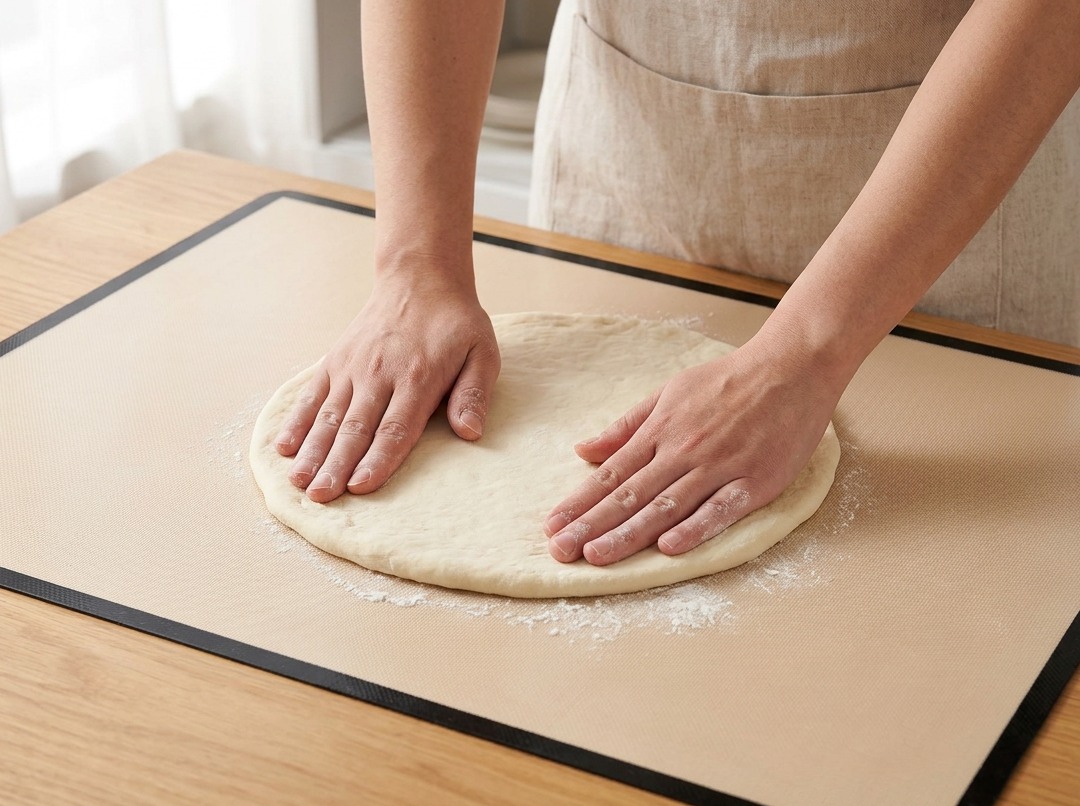 Hände drücken und dehnen den runden Pizzateig auf einer Silikonmatte flach.