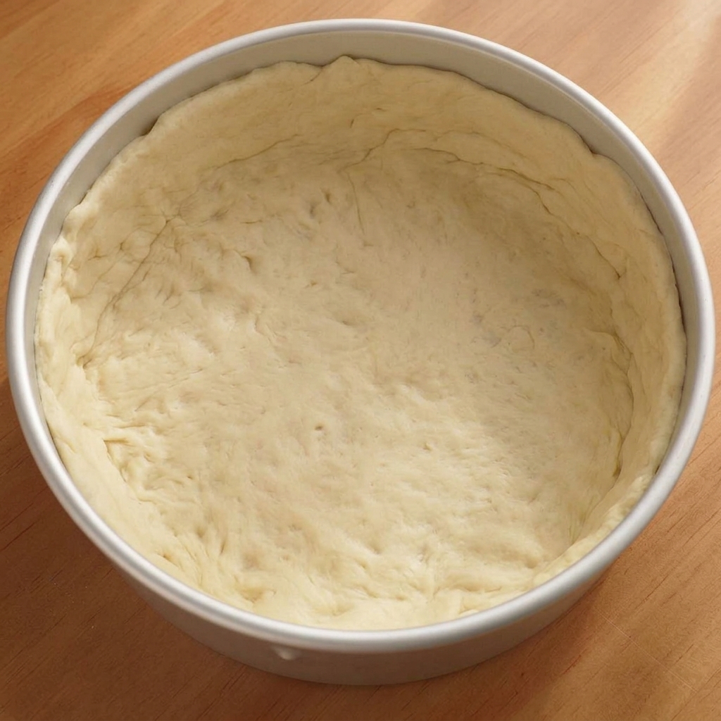 Ein runder Pizzateig liegt passgenau in einer Kuchenform und wurde mit einer Gabel mehrfach eingestochen.