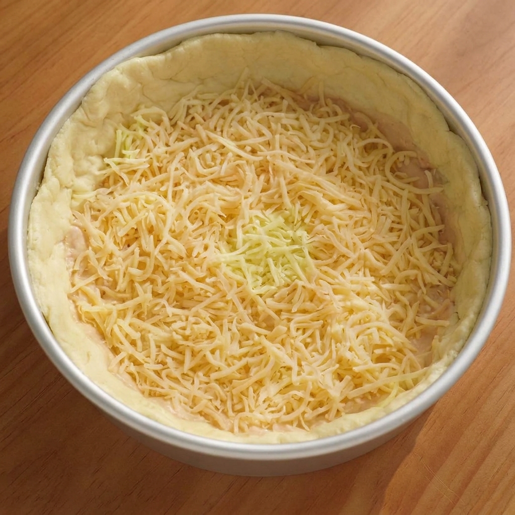 Eine Schicht geraspelter Mozzarella im Teigboden, belegt mit angeordneten Salamischeiben.