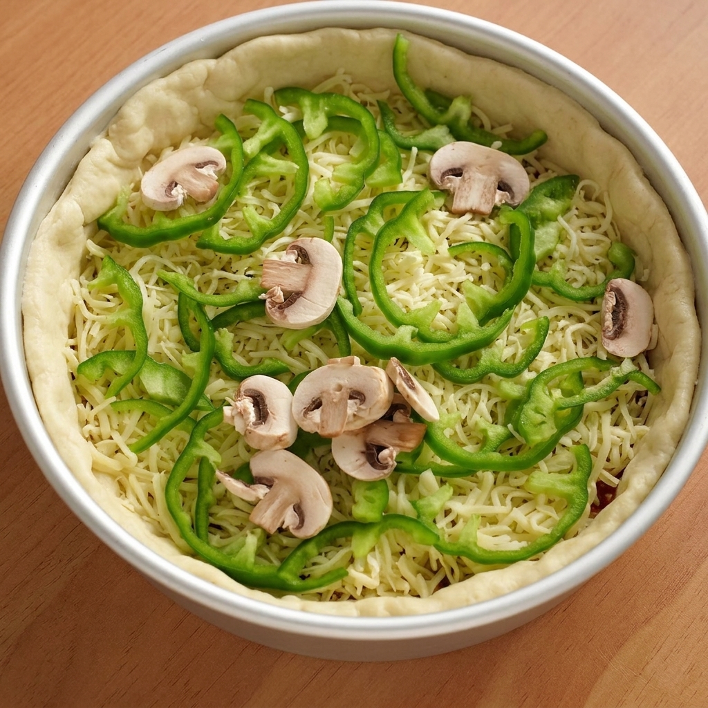 Streifen von grüner Paprika und frische Champignonscheiben liegen auf der Käse-Fleisch-Schicht.