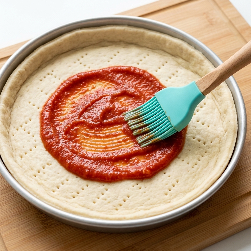 Ein grüner Silikonpinsel verteilt rote Tomatensauce auf der oberen Teigschicht.