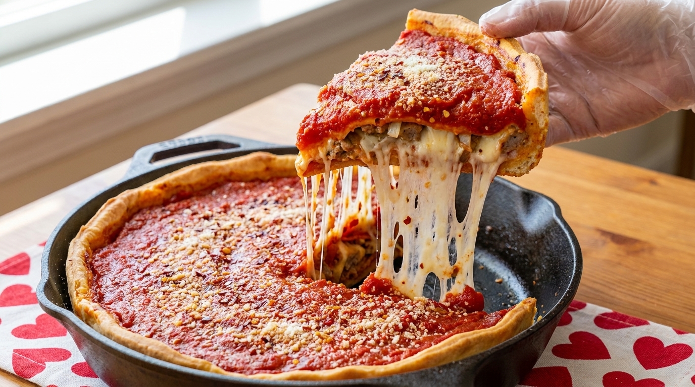 Ein Stück Deep-Dish-Pizza mit reichhaltiger Tomatensauce und verführerisch geschmolzenem Mozzarella.