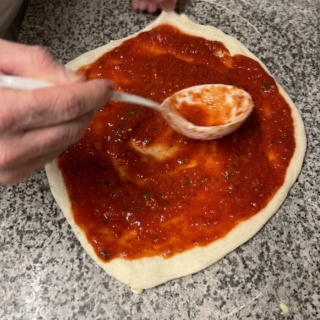 Gehackter Knoblauch und Öl werden über die mit Sauce bedeckte Pizza geträufelt.