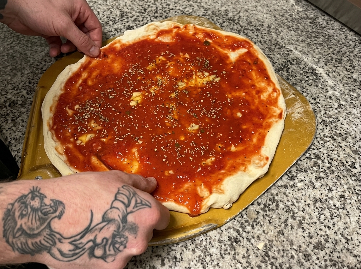 Pizza, die auf einem Pizzaschieber für das Einschieben in den Ofen vorbereitet wird.