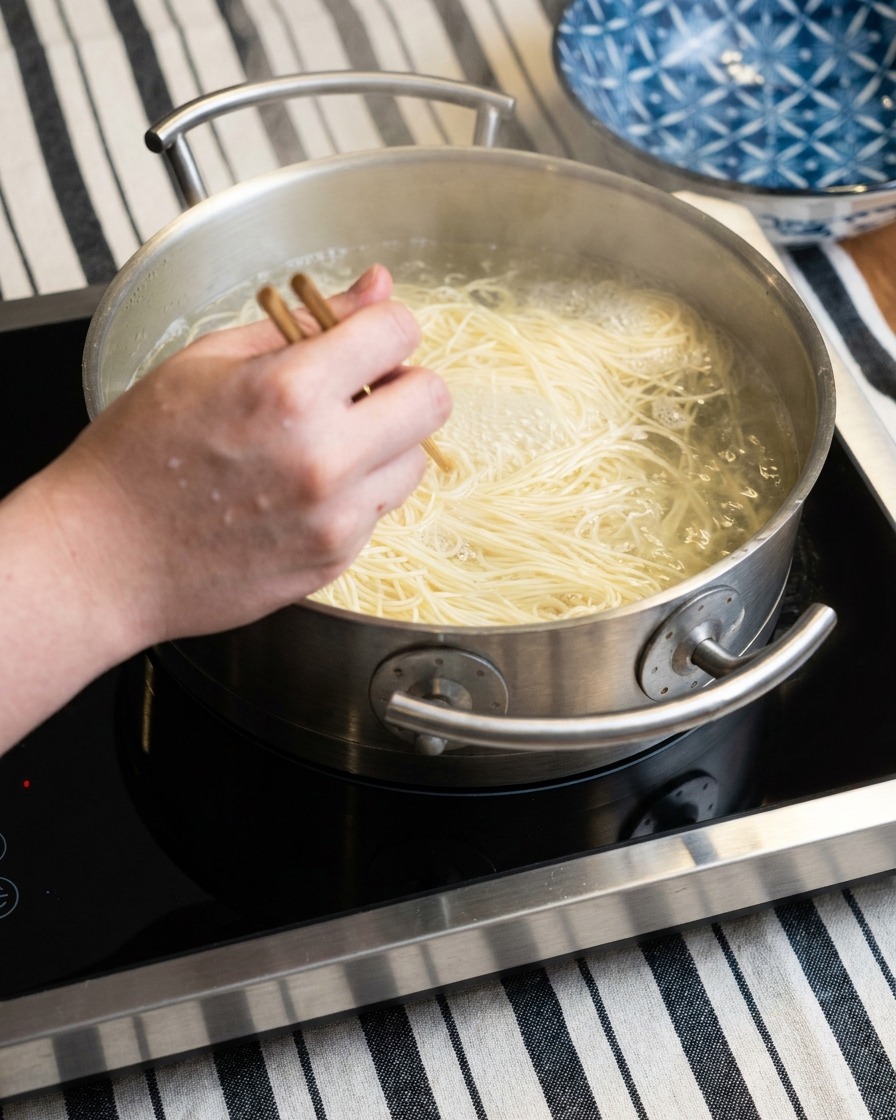 Eine Kelle rührt einen Klecks Miso-Paste in die köchelnde Schweinebrühe ein.