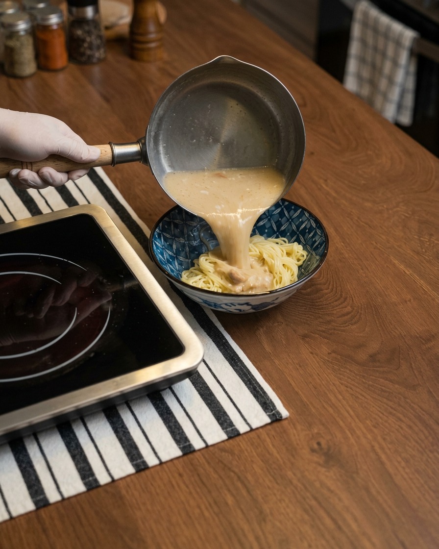 Ramen-Nudeln kochen in einem Topf mit Wasser.
