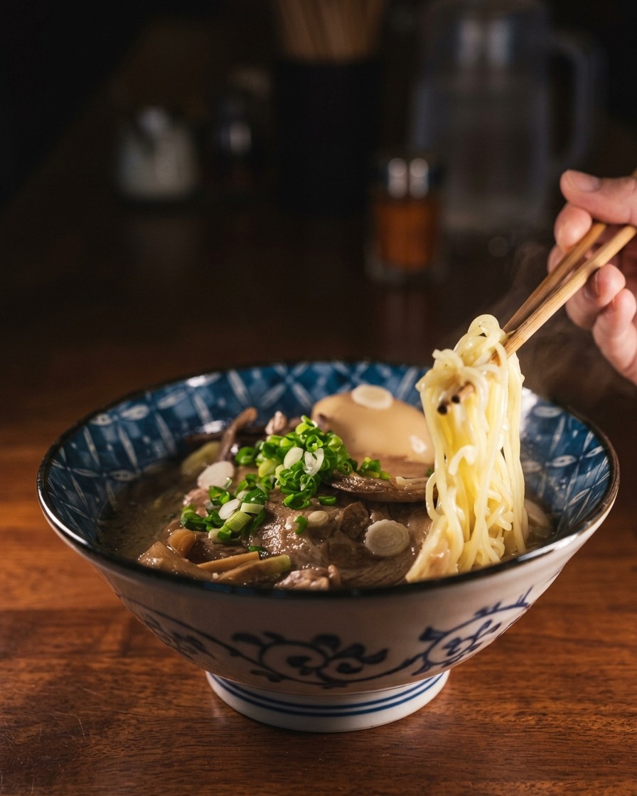 Eine Schale mit gekochten Nudeln, über die heiße Miso-Brühe gegossen wird.