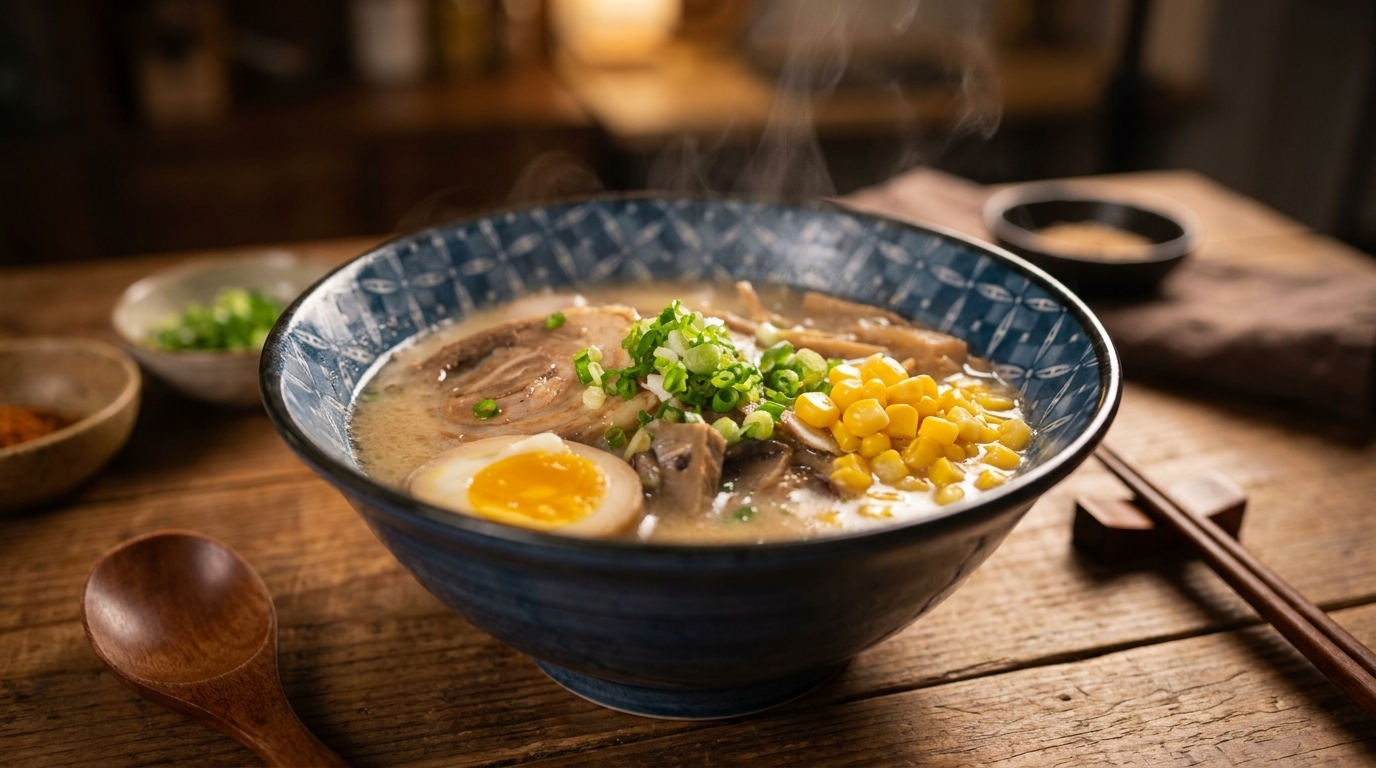 Eine dampfende Schale Miso-Ramen, garniert mit Schweinebauch, weichem Ei, Zuckermais und Frühlingszwiebeln.