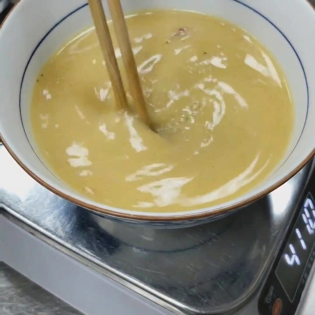 Miso-Paste, die mit Essstäbchen gründlich in heiße Schweinebrühe gemischt wird.