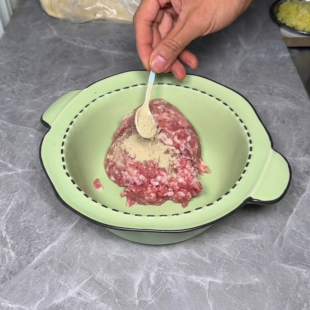 Eine Schüssel mit Hackfleisch, das mit Gewürzen und Saucen verfeinert wird.