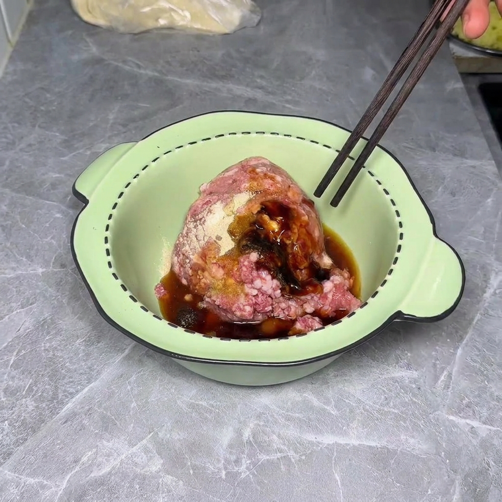 Gehackte Frühlingszwiebeln und Ingwer werden unter die Fleischmasse gerührt.