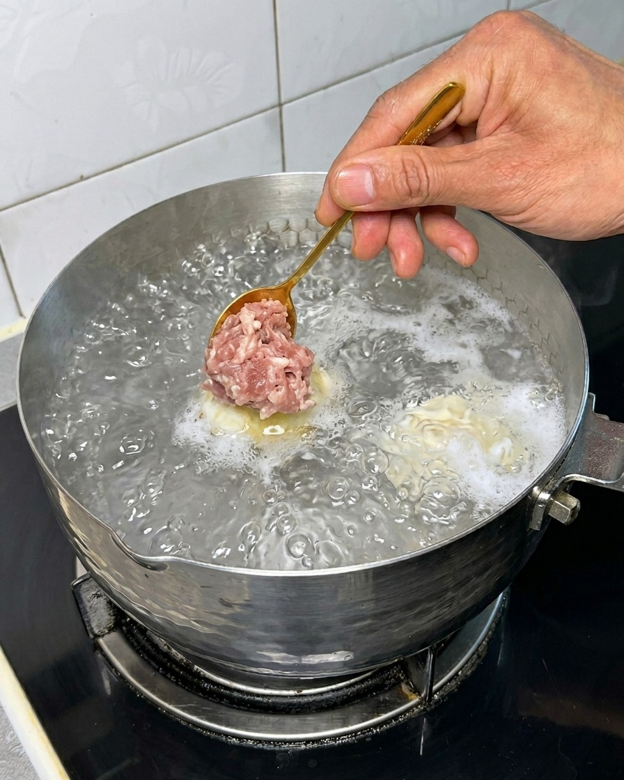 Kleine Fleischbällchen werden in kochendes Wasser gegeben.