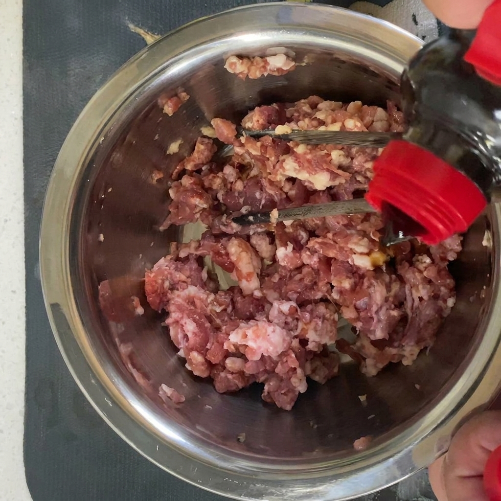 Fein gehacktes Schweinefleisch in einer Schüssel beim Würzen mit flüssigen Saucen und Gewürzen.