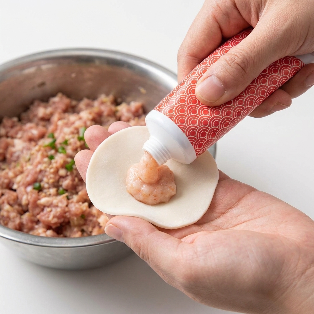 Eine kleine Menge Garnelenpaste wird zusammen mit der Schweinefleischfüllung auf ein Wonton-Teigblatt gegeben.