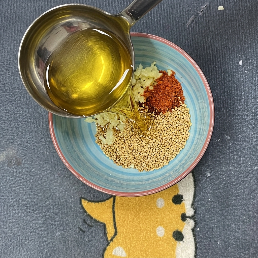 Heißes Öl wird in eine Schüssel mit Aromaten gegossen, um ein duftendes Chili-Öl zu erzeugen.
