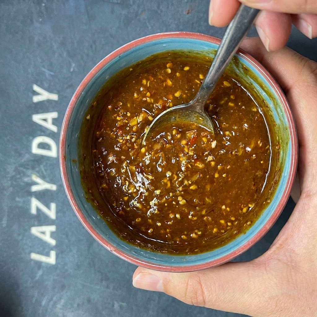 Sesampaste wird in eine Schüssel mit Chili-Öl gerührt, um die Nudelsauce zu verfeinern.