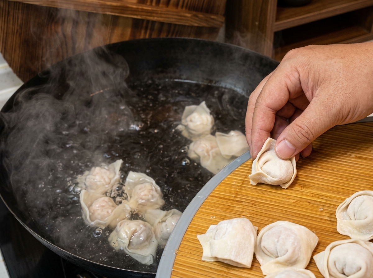 Frisch geformte Wontons werden von einem Bambustablett in sprudelnd kochendes Wasser gegeben.