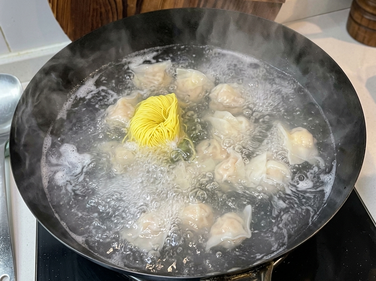 Ein Bündel trockene gelbe Eiernudeln wird zusammen mit den Wontons in das kochende Wasser gegeben.