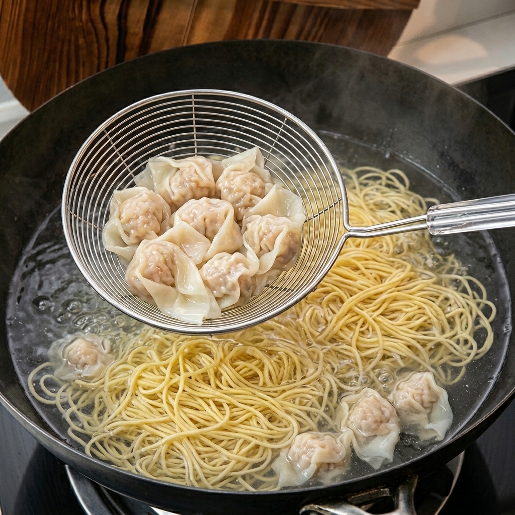 Ein Drahtsieb hebt einige gekochte, leicht durchscheinende Wontons aus dem kochenden Wasser.