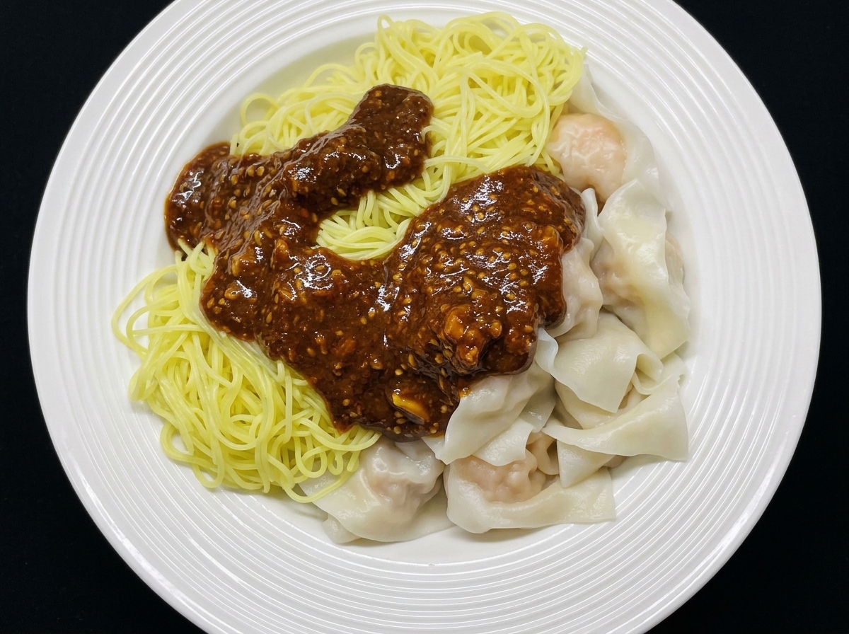 Sesam-Chili-Sauce wird über eine Portion frisch gekochter Wontons und Nudeln gegeben.