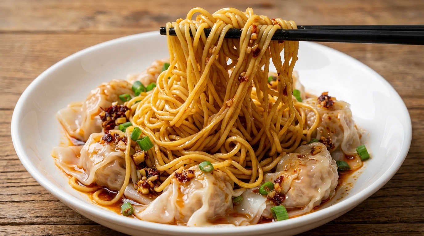 Glänzende Eiernudeln und pralle Schweinefleisch-Garnelen-Wontons, umhüllt von einer aromatischen Sesam-Chili-Sauce.